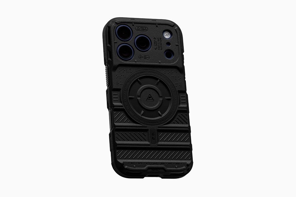 A deep blue iPhone 17 Pro Max with a dbrand Tank Case, seen from the back.