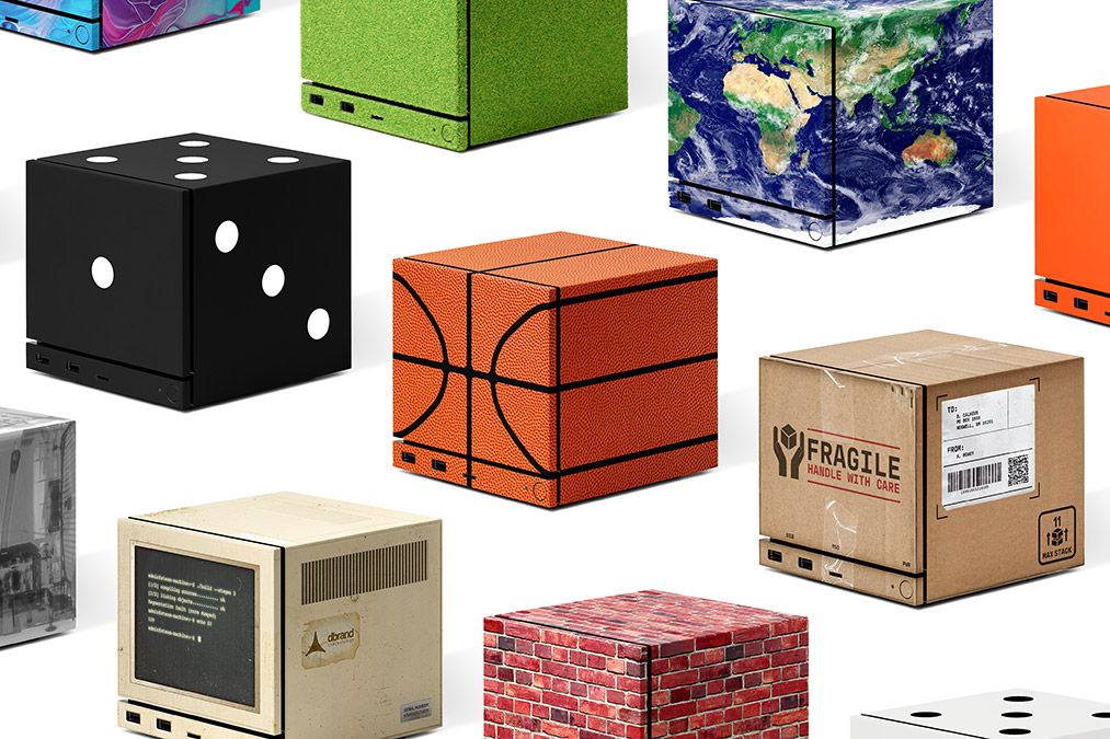 An assortment of new Steam Machine skin designs: Basketbox, Package, Terminal, Black Dice, White Dice, Flat Earth, and Bricks