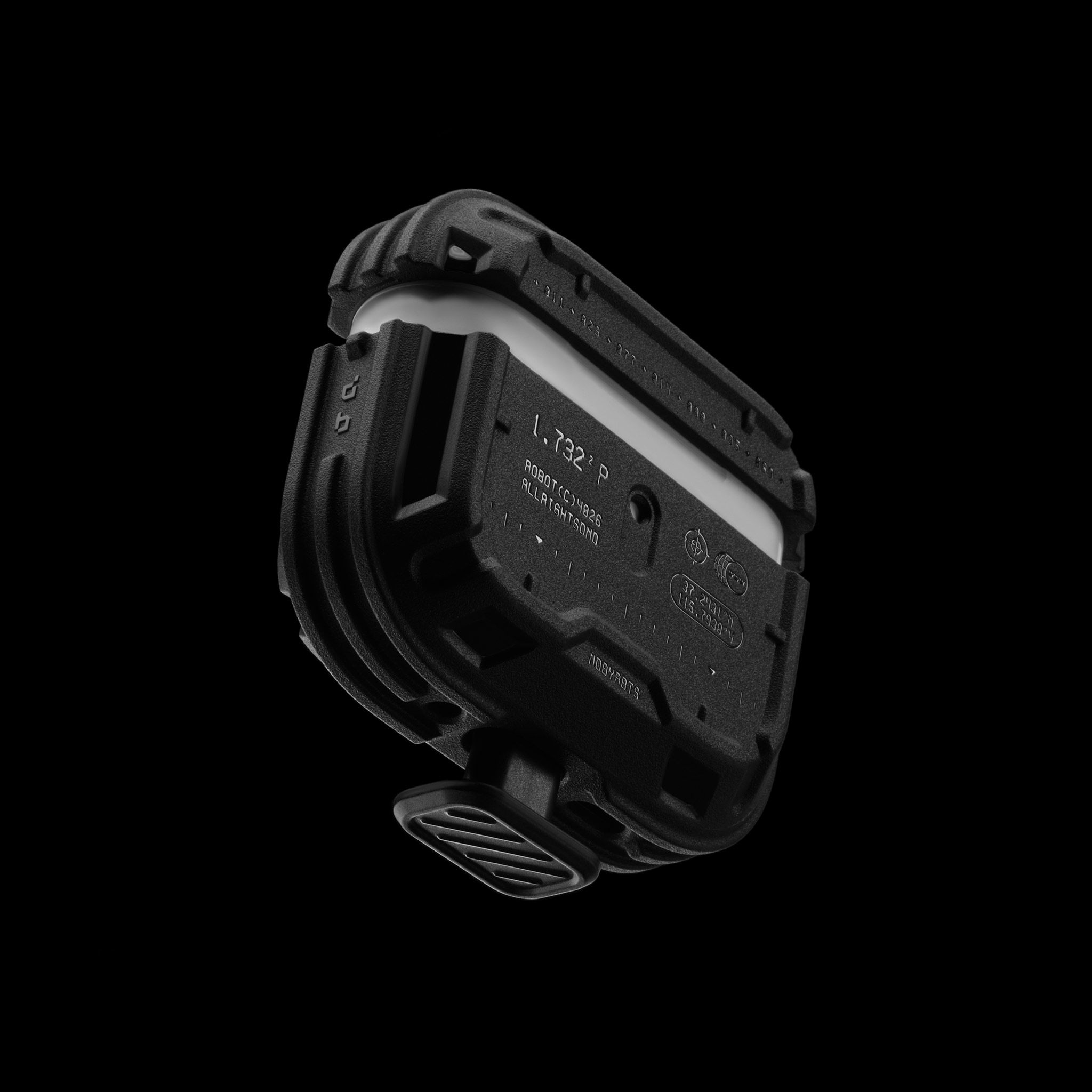 Our Tank Case for the AirPods Pro 3, with the removal tool installed through the bottom of the case. The Tank is partially removed from the device.