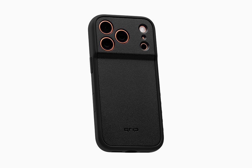 The back of an iPhone 17 Pro Max with a dbrand Grip Case installed. 