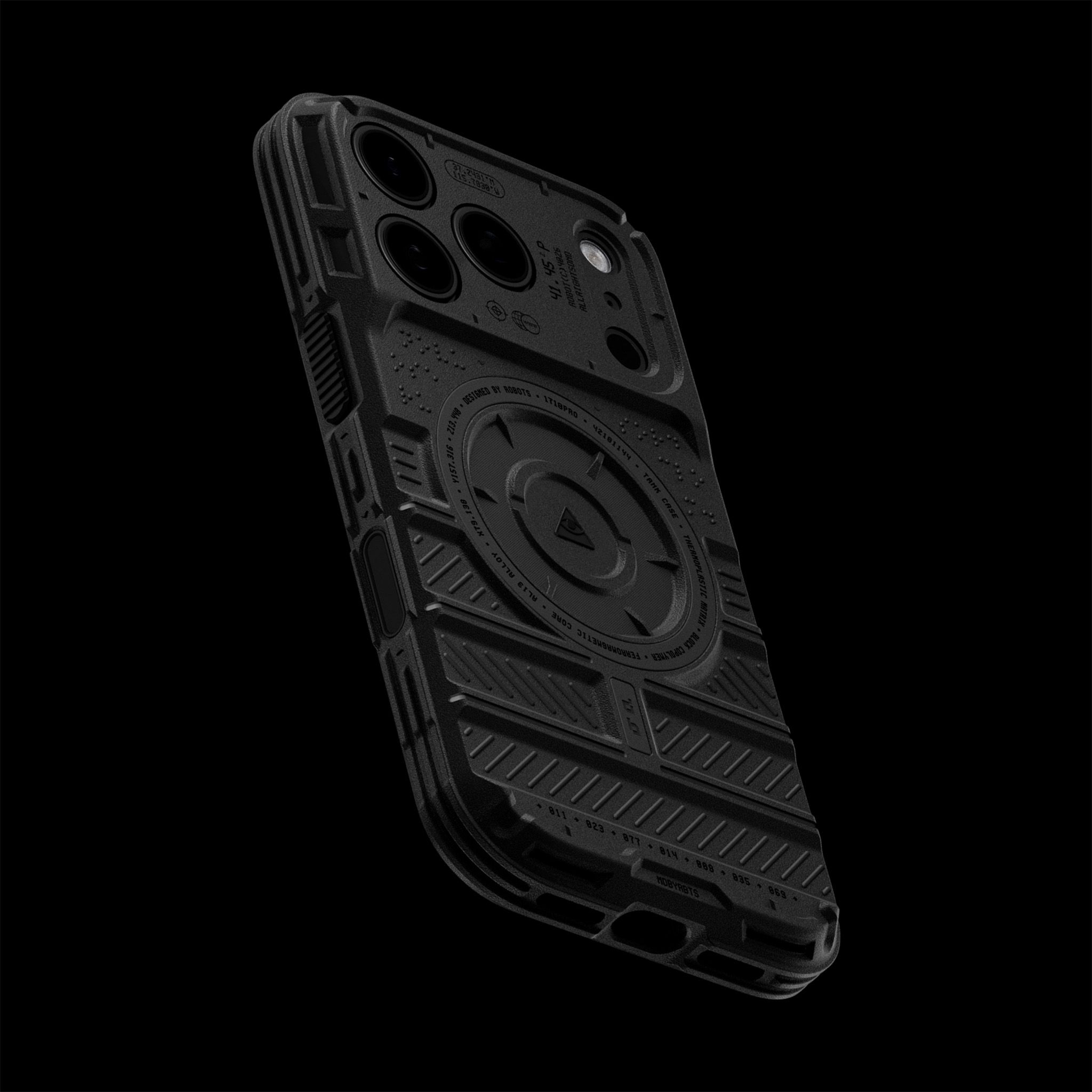 The back of an iPhone 18 Pro with our Tank Case on it, seen from an upward angle.