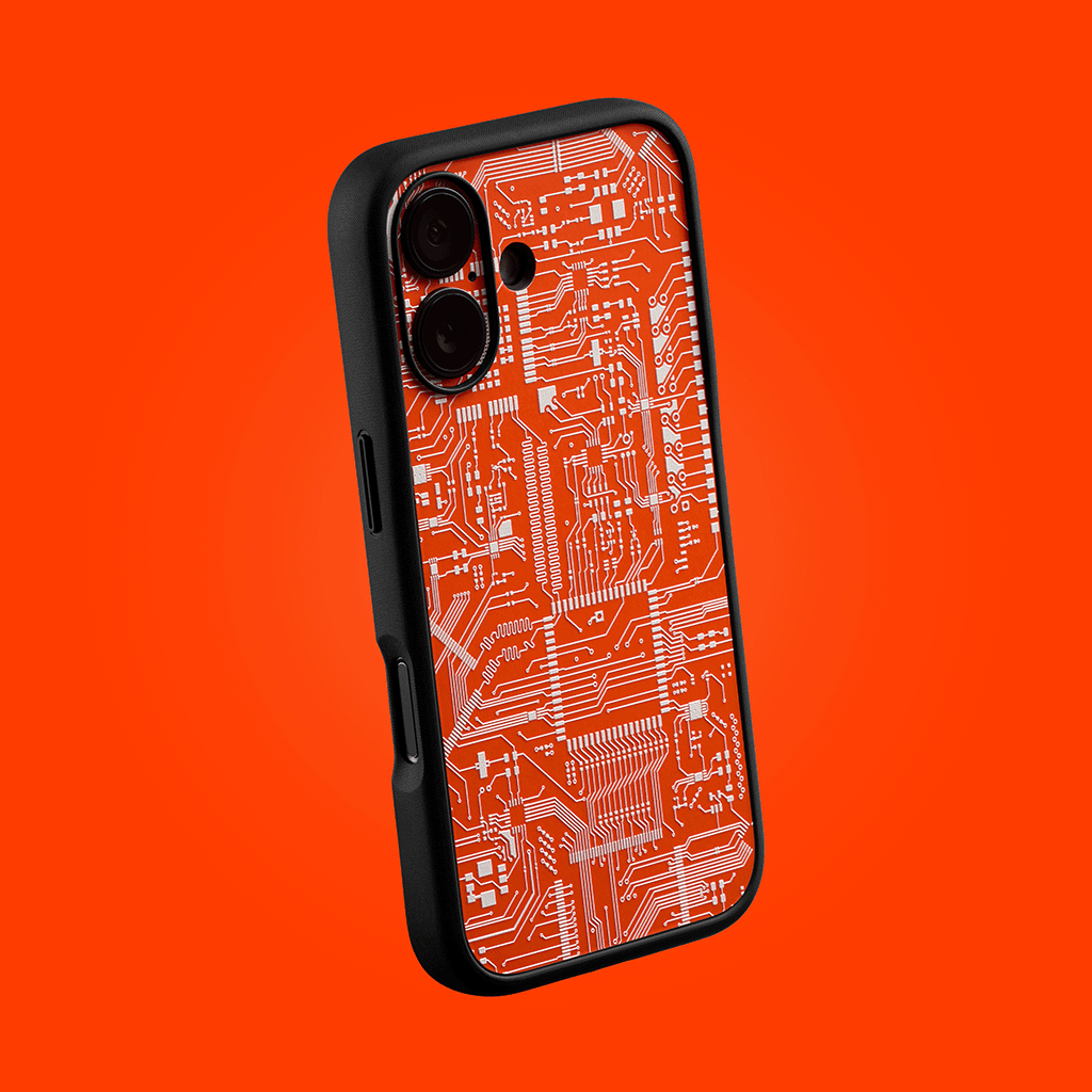 iPhone 16 Circuit Board case in orange and white