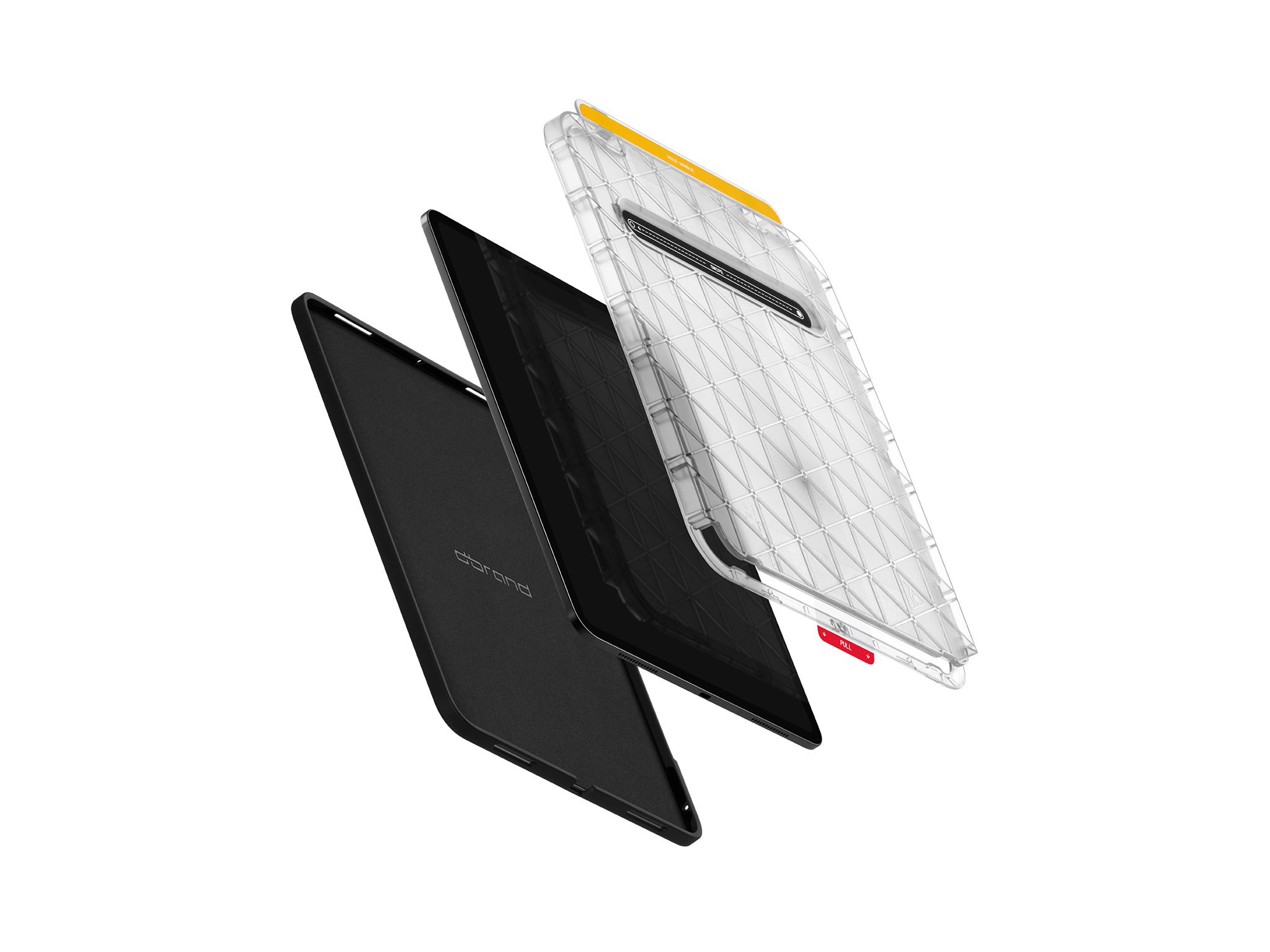 An iPad 11 (A16) angled upwards and slightly away from the viewer, with the screen still visible. Our iPad Folio Grip is behind the device, with our iPad Prism 2.0 in front.