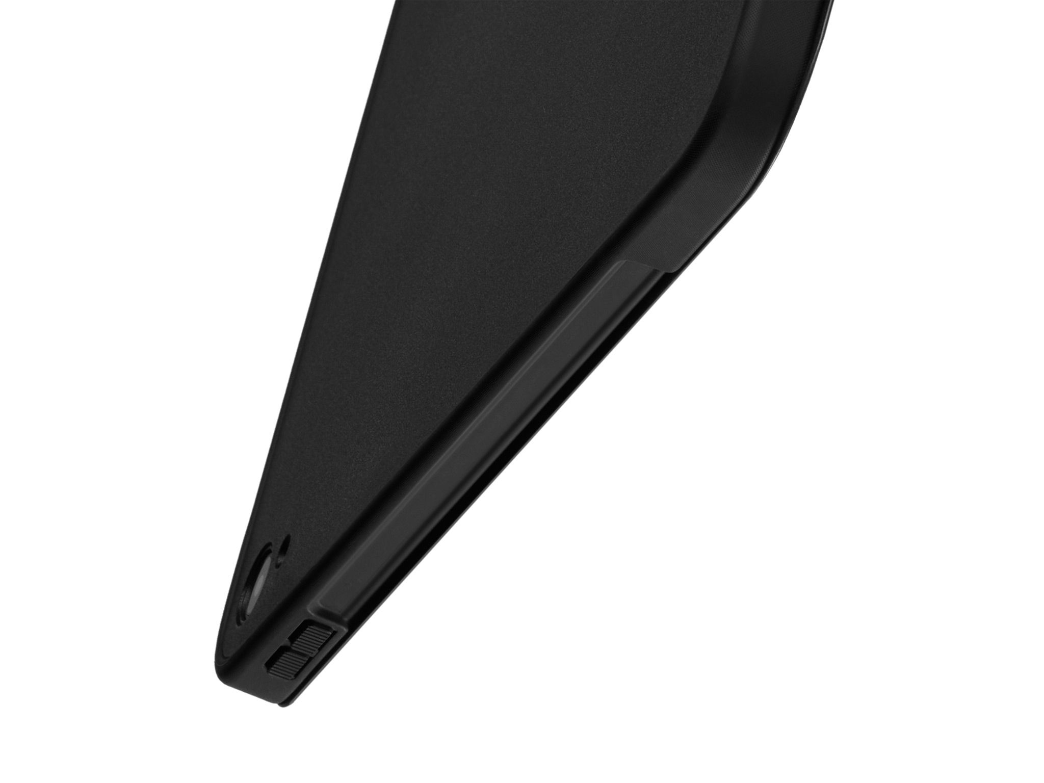 The back of an iPad 11 (A16) that has our Folio Grip Case applied to it, shown at a downward angle as if it were about to hit the floor.