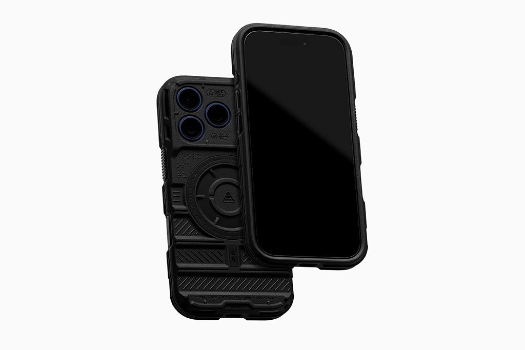 A deep blue iPhone 17 Pro Max, with a dbrand Tank Case installed seen from the back. A second iPhone 17 Pro Max with a dbrand Tank Case can be seen in the foreground.