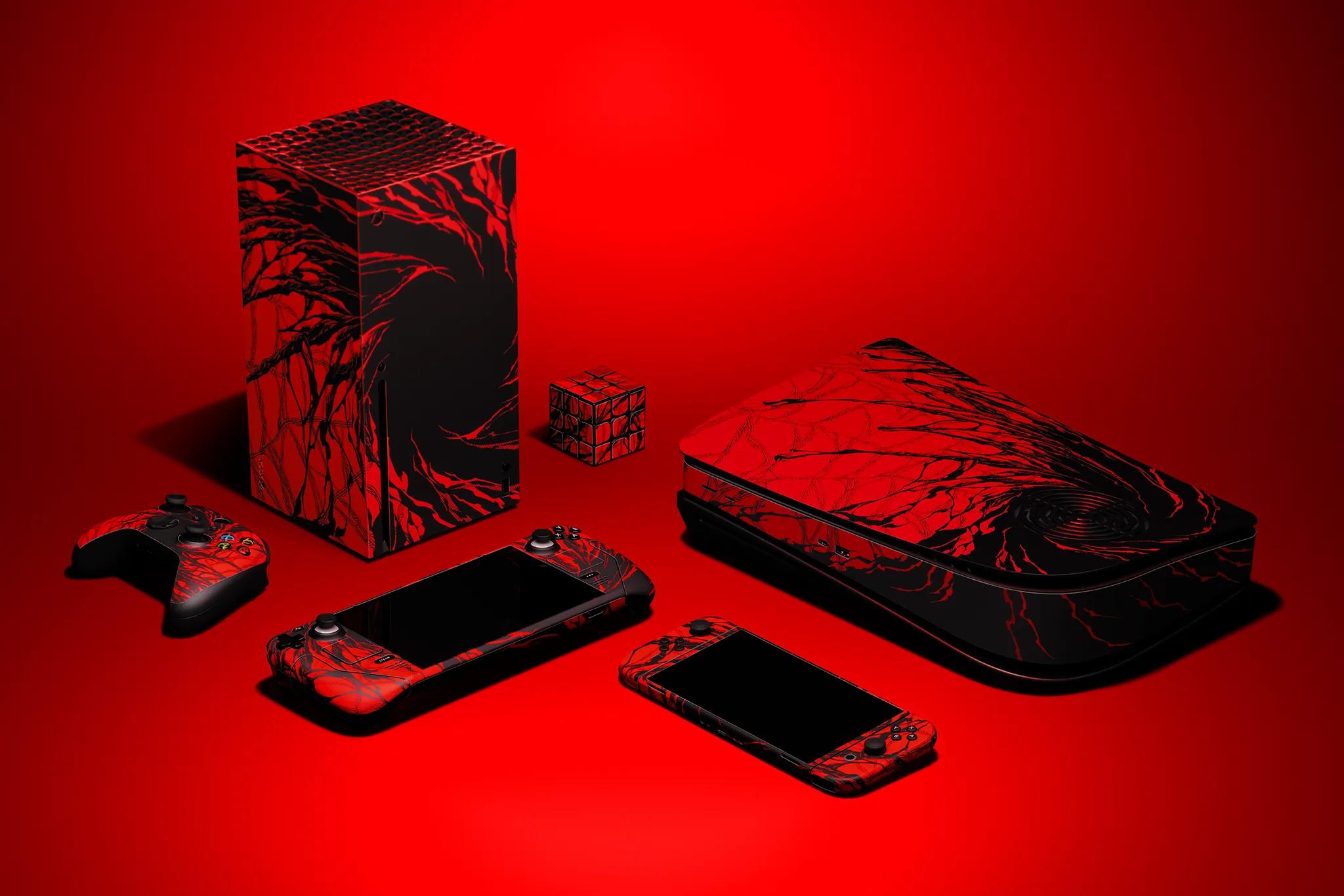 A variety of gaming consoles and controllers, all skinned in our Carnage material against a red backdrop.